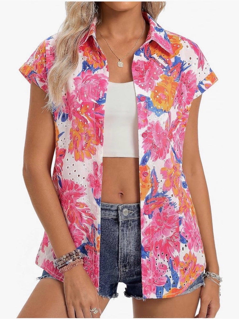 NWT PINK MULTI FLORAL EYELET TOP BLOUSE-S